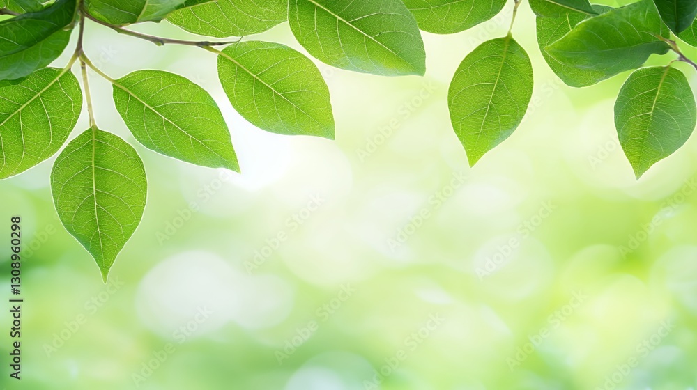 Vibrant Green Leaves on Branch with Soft Sunlight Background Vibrant Green Leaves on Branch with Soft Sunlight Background