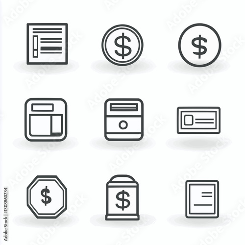 set of minimalist financial icons featuring banking symbols, dollar signs, credit cards, coins,  ATMs. Simple vector line art, easy to use for business designs, apps, presentations, and web interfaces