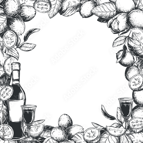 Square frame of walnuts, liqueur bottles, aperitif glasses. Vector illustration in engraving technique. Design for Nocino liqueur. Unripe walnuts whole and pieces, leaves and space for text.