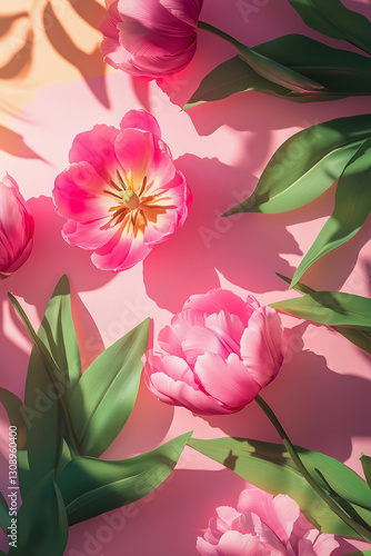 Wallpaper Mural The image features a flat lay arrangement of pink tulips with green leaves placed on a soft pastel pink background. The flowers are in full bloom, showcasing delicate petals   Torontodigital.ca