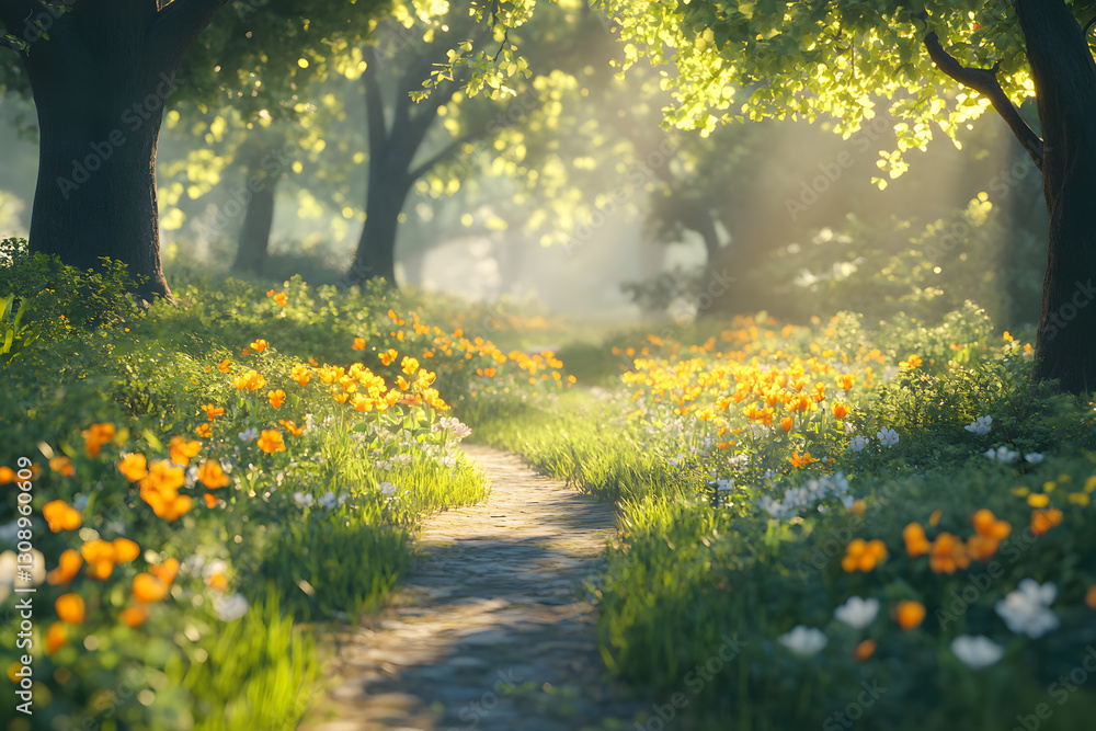 Obraz premium Scenic Spring Hiking Trail Surrounded by Blooming Flowers