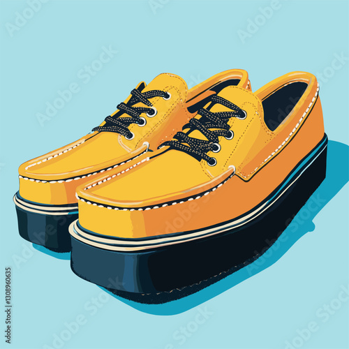Bright yellow shoes with black laces on a wooden floor, blue background.