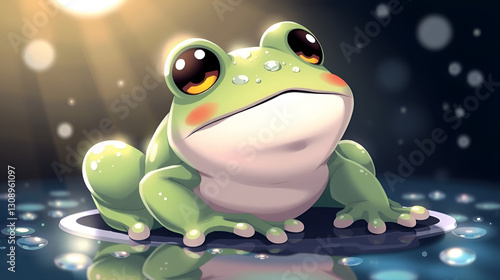 The dew-kissed sheen on froggy skin, sparkles, moonlight reflection, cute pose, adorable, cartoon, anime art
