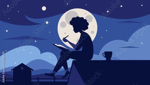Silhouetted against a starry sky a figure sits on a rooftop with their journal quietly penning their deepest hopes and dreams under the moonlight.. Vector illustration