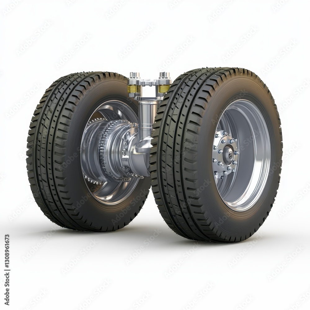 Detailed 3D Render of a Vehicle Axle Assembly with Tires and Suspension Detailed 3D Render of a Vehicle Axle Assembly with Tires and Suspension