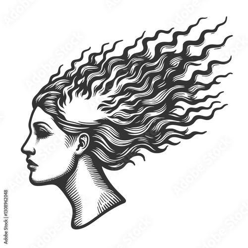Woman with flames emerging from head, symbolizing intense creativity and ideas sketch engraving generative ai vector illustration. Scratch board imitation. Black and white image.