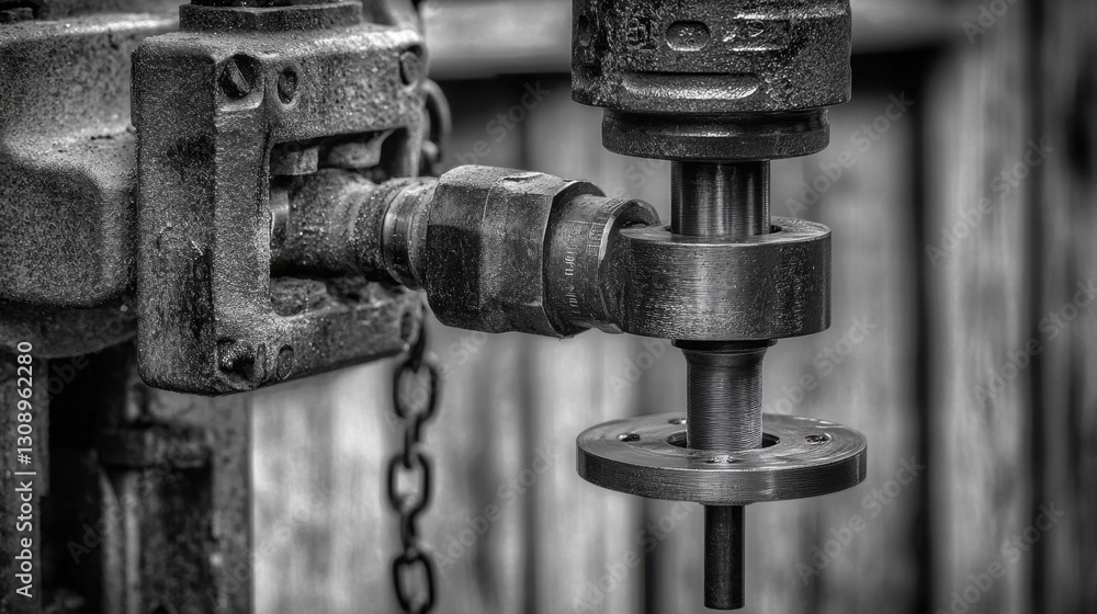 An industrial drill press working on a precision metal part. An industrial drill press working on a precision metal part.