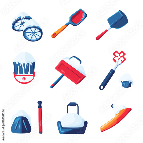 Cartoon collection of snow removal equipment on a white background