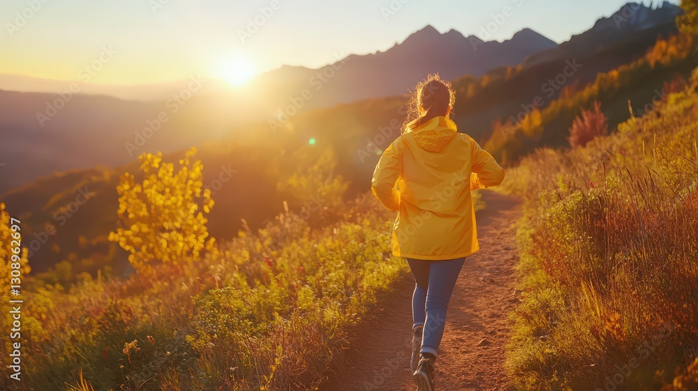 Naklejka premium Woman Runs Trail Golden Sunset Mountain View