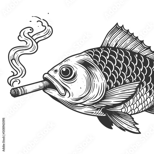 fish with a cigarette in its mouth, emitting smoke, creating a surreal and humorous concept sketch engraving generative ai vector illustration. Scratch board imitation. Black and white image.