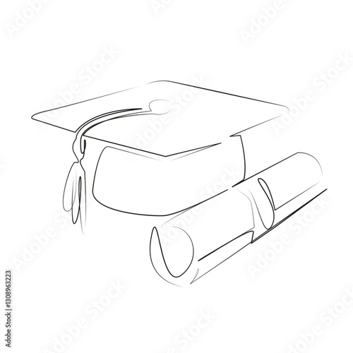 One continuous line art drawing flat illustration diploma, education, graduation, academic cap, university, celebration, achievement. Isolated image hand draw outline on white background