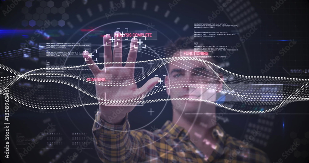 Fototapeta premium Image of digital data processing over scope scanning and caucasian man touching screen