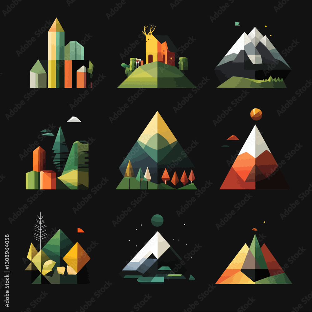 Geometric Mountain Landscape Set with House, Trees, and Sky Illustrations Geometric Mountain Landscape Set with House, Trees, and Sky Illustrations