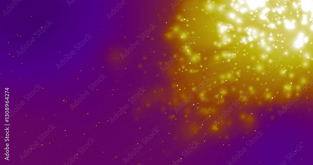 Fototapeta premium Glowing yellow particles and light bursts over purple background, creating dynamic image