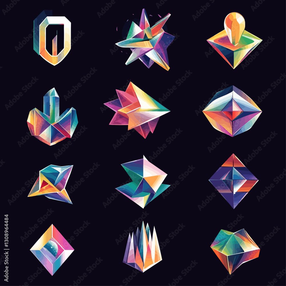 Geometric Colorful Crystal Shapes on Dark Background. Geometric Colorful Crystal Shapes on Dark Background.