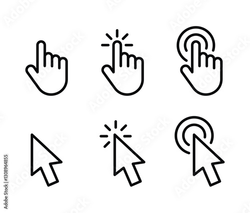 Computer mouse pointer icon set. Clicking pointer cursor. Clicking hand finger pointer.