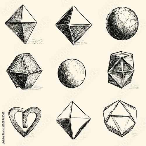 Hand-Drawn Geometrical Sketches Collection: Sphere, Diamond, Heart and More