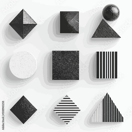 Abstract monochrome geometric shapes casting shadows on a white background.