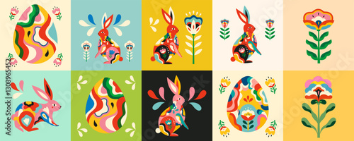 Colorful design with easter rabbits and easter eggs. Happy easter greeting illustrations with decorative easter bunnies