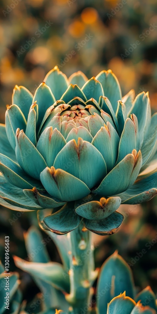 Obraz premium Vibrant Green Artichoke Plant Thriving in Garden, Close-Up on Detailed Flourishing Produce