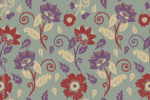 Ikat floral paisley embroidery seamless pattern on background. Ikat ethnic flower oriental pattern traditional. Aztec style abstract vector illustration. design for ikat floral fashion fabric,clothing