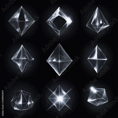 Geometric Clear Crystal Shapes on Black Background, Transparent and Futuristic