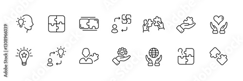 Linear flat business and planning icons set with gears in vector style.