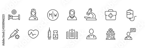 Flat linear icons set of medical and healthcare essentials.