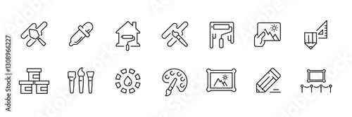 Linear vector icons set of art and culture elements in a flat style.