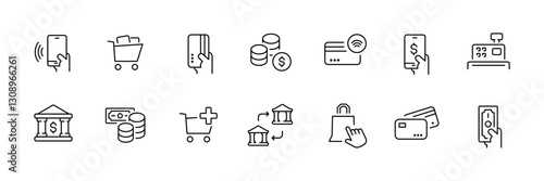 Flat linear icons set of download and upload vector symbols.