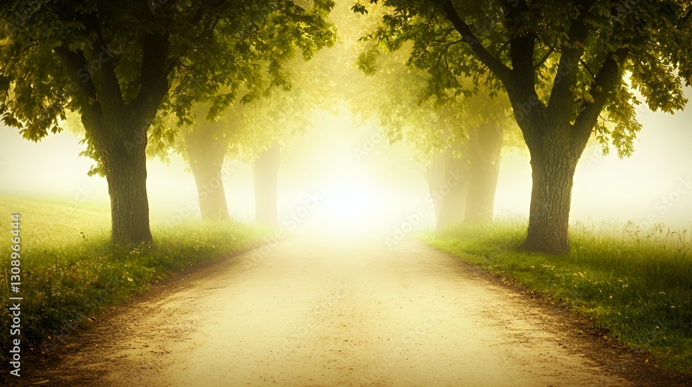 Naklejka premium Magical Path Through Foggy Trees at Dawn
