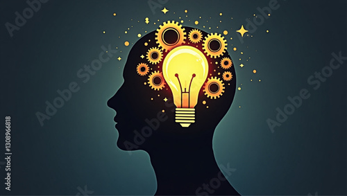 Human Head Silhouette with Glowing Idea Light Bulb Made of Gears