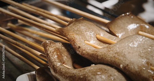 Chengdu, Sichuan, China. Stuffed Squid On Skewers. Popular Street Snack. Chinese Street Food. Street Barbecue. Asian Food. Asian Cuisine
