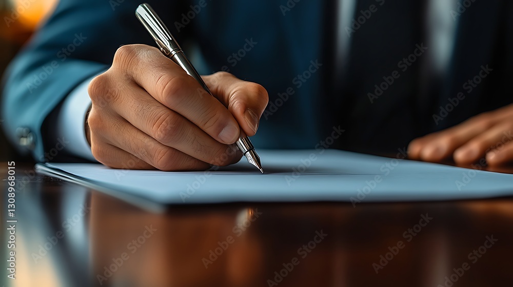 Business Professional Signing a Document, A person in a suit signing a document with a pen on a wooden desk Business Professional Signing a Document, A person in a suit signing a document with a pen on a wooden desk