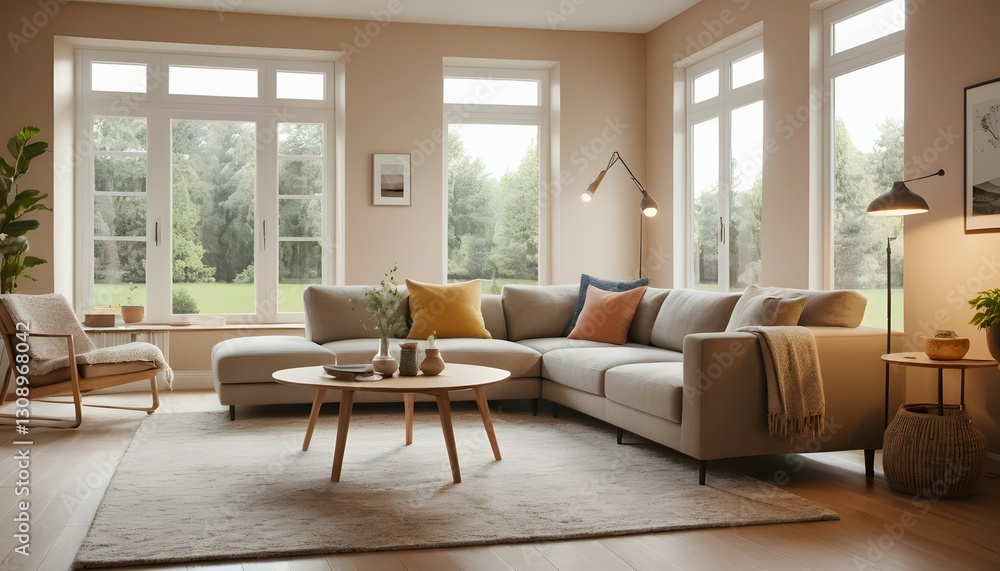 Modern Living Room with Large Windows, Comfortable Sofa, and Natural Light Modern Living Room with Large Windows, Comfortable Sofa, and Natural Light