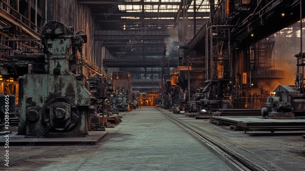 A massive black-hued factory floor with large automated machines. A massive black-hued factory floor with large automated machines.