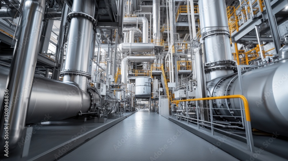 A massive gray-hued factory floor with large automated machines. A massive gray-hued factory floor with large automated machines.