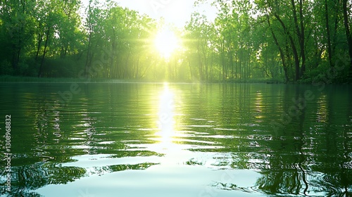 Serene Sunset Over a Calm River, Green Trees Reflecting in the Water