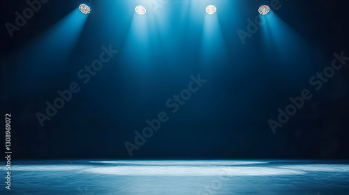 Empty Blue Stage Illuminated By Spotlight Beams Creating Dramatic Atmosphere