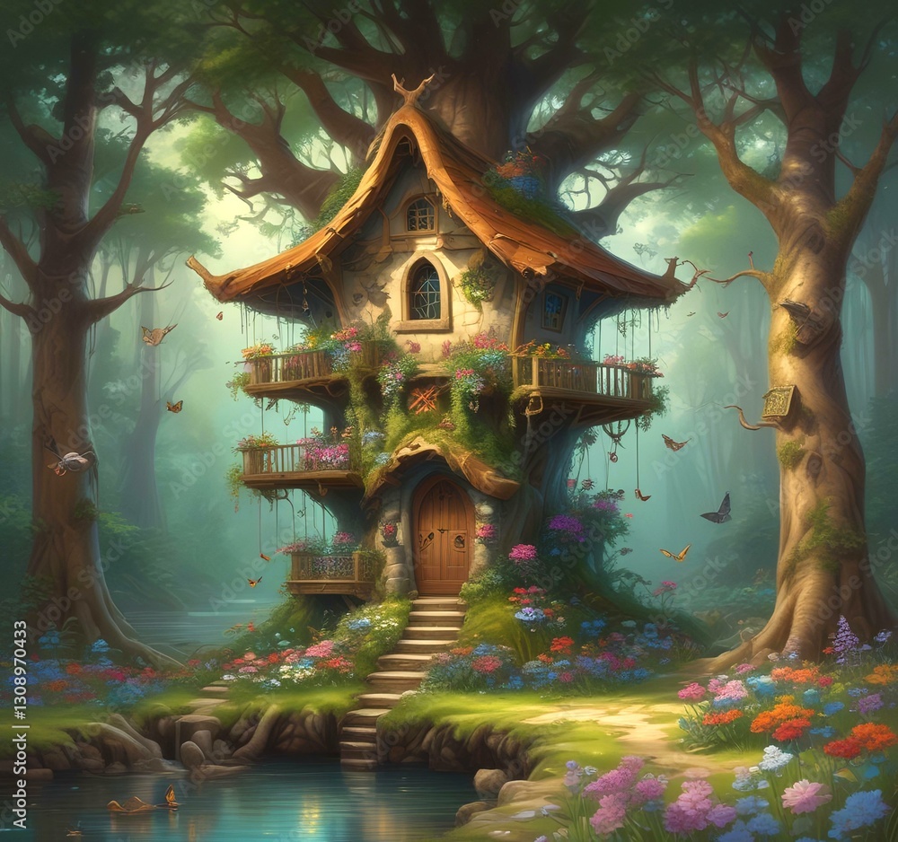 Fototapeta premium Illustration of goblin house in green forest.