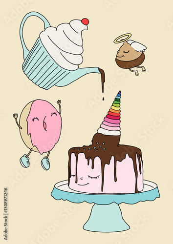 Whimsical Donut, Cake with Ice Cream Cone, Flying Sweet and Cupcake Teapot Characters Illustration