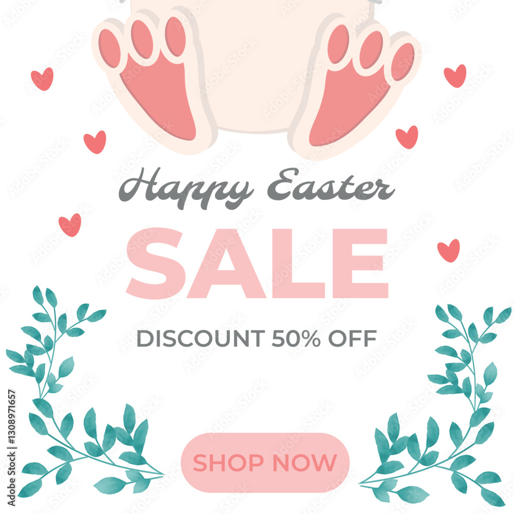 Obraz premium Happy Easter, holiday information sale, 50% off, buy now. Cute Easter bunny, vector illustration of the Holy holiday, design with rabbits in the shape of an egg with flowers and green twigs