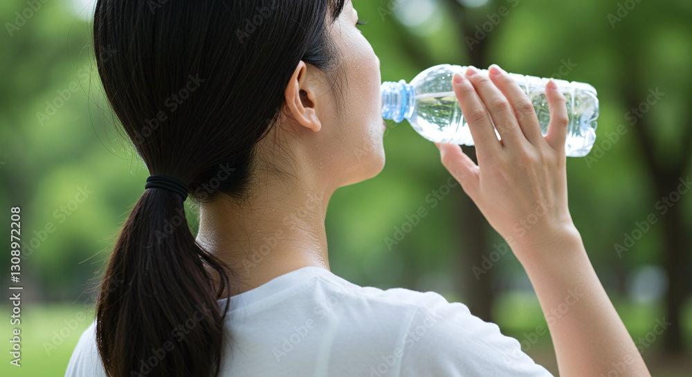 公園で水を飲む女性の後ろ姿