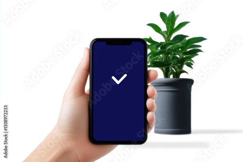 A person holding smartphone displaying checkmark symbol, with potted plant in background, symbolizes online banking and digital transactions