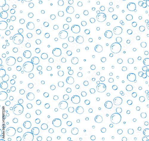 Doodle seamless pattern of soap drawn by chalk or pastel crayon. Charcoal water bubbles repeating elements. Chalk sketch rounded fizzy drink shapes. Vector background of aqua shower drop and sparkle