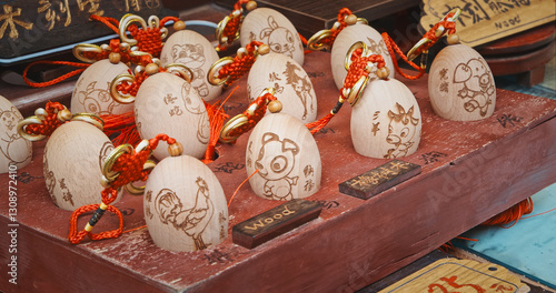 Chengdu, Sichuan, China. Wooden Eggs With Symbols Of Chinese Zodiac. Decorative Souvenir From China. Attraction For Tourists. Street Trading Of Souvenirs. Wooden Zodiac Animals