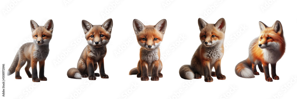 Obraz premium Multiple adorable foxes display a range of playful and curious poses. Each fox has distinct features, showcasing their unique expressions in a vibrant environment