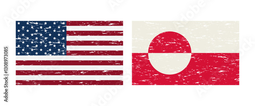 Set of USA and Greenland flags with grunge effect, Greenlandic flag, american flag. Vector illustration, EPS 10