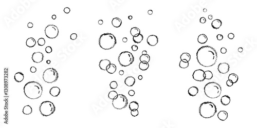 Set of soap or water bubbles drawing by chalk or charcoal. Foam pastel handdrawn elements. Vector wax pen line bubbles of fizzy drink like children written. Champagne doodle gas balloons