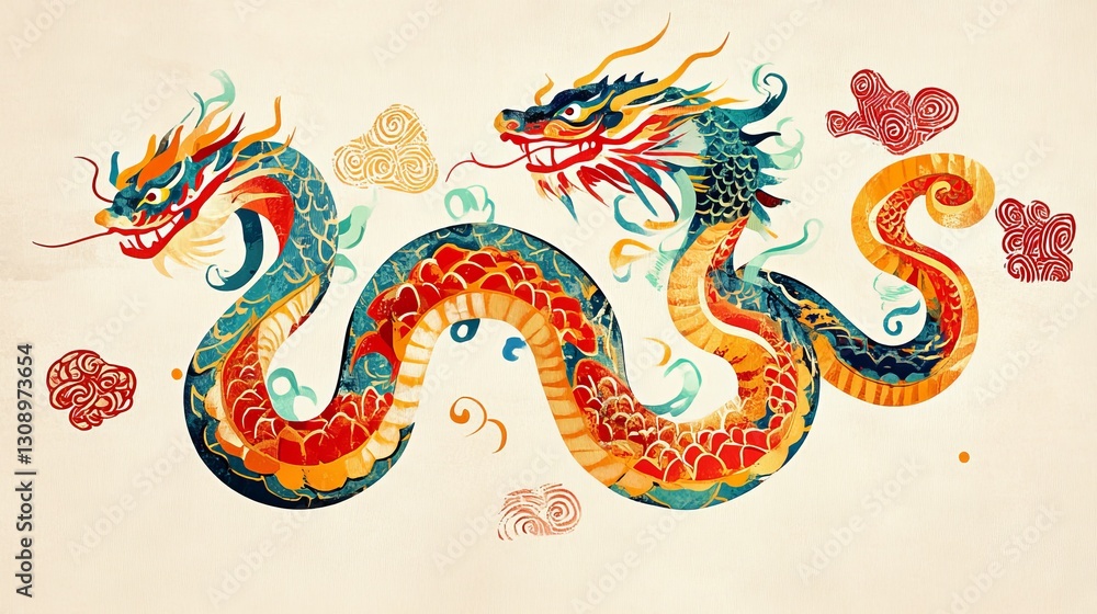 Fototapeta premium This artistic rendering features two dragons in a traditional style, with bold colors and intricate patterns, perfect for cultural, fantasy, or mythological themes.. AI Generation